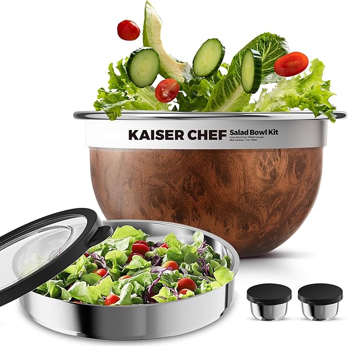 Salad Bowl Kit 74oz,Salad Container For Lunch,18/8 Stainless Steel,Salad Bowl With Lid, Includes 1.7oz Condiment Container and Removable Tray,Leak-Proof, Easy to Clean (Wood)