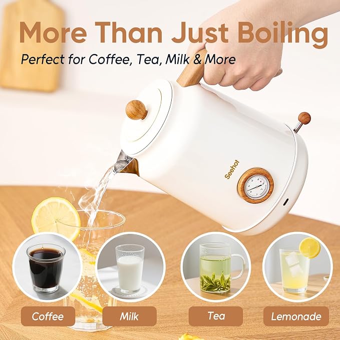 Seehot® Electric Kettle With Thermometer, 1.7L Electric Tea Kettle, 1200W Hot Water Kettle Electric, Auto Shutoff, Boil-Dry Protection, 304 Stainless Steel, Cordless Base, White