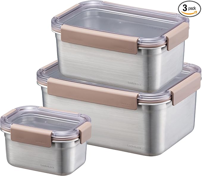 LocknLock Stainless Steel Food Storage Containers with Lids, Metal Lunch Boxes, Leak-Proof, Microwave, Freezer and Dishwasher Safe, 3-Piece Set, 1 x 520ml and 1 x 1500ml and 1 x 2800ml