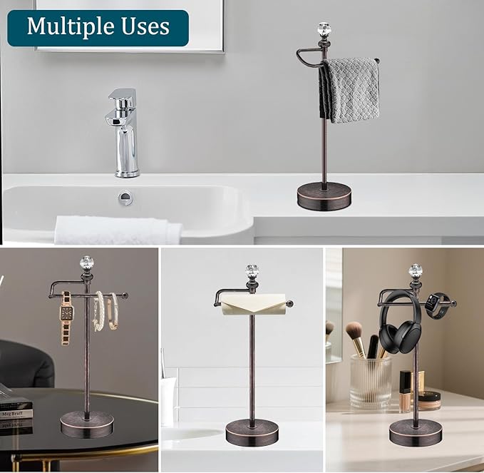 ROLABAM Heavy Weighted Hand Towel Holder(with Crystal Ball) Standing Hand Towel Holder Total Height 15.7'' for Kitchen,Bathroom,Vanity,Classic Decorative Metal Hand Towel Stand,Oil Rubbed Bronze