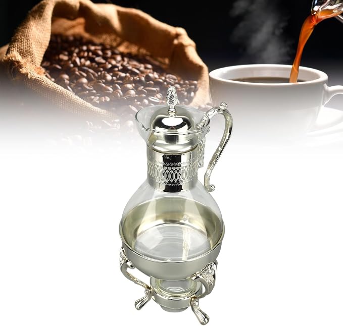 Glass Tea Pot with Warmer, 50 oz Vintage Espresso Kettle Heated Glass Coffee Pot with Handle, Heat Resistant Turkish Coffee Pitcher Teapot for Home Office Cafe Use (Silver)