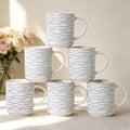 Coffee Mugs Set of 6, 17oz Ceramic Mugs with Handpainted Blue Gray Stripe Pattern, Modern Stackable Coffee Cups, Dishwasher and Microwave Safe Mugs for Home & Office (Wavy Pattern)