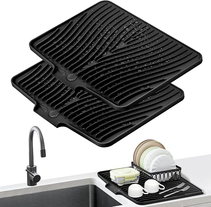 TIKNIK Silicone Dish Drying Mat, Stone Drying Mat for Kitchen Counter with Built-In Drain, Non-Slip Drain Pad with Built-in Drain, Heat Resistant Stone Drying Mat, Hangable, Black-2pcs, 16" x 12"