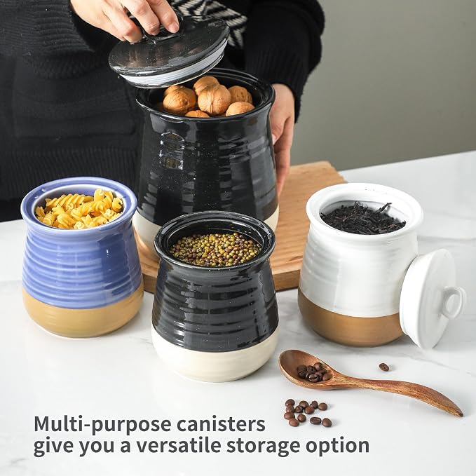 HASENSE Ceramic Kitchen Canister, 75 Oz Large Airtight Coffee Canister with Lid, Food Storage Jar for Coffee Beans, Nuts, Candy, Spices, Flour & Herbs, Farmhouse Kitchen Decor, Black