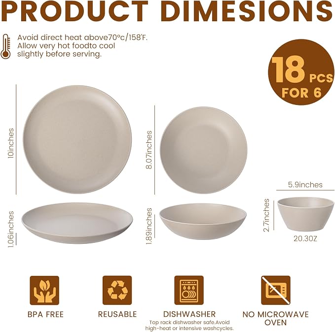 Wheat Straw Melamine Dinnerware Sets 18 Piece for 6, Shatterproof Plates and Bowls Set, BPA Free & Dishwasher Safe, Lightweight MattWarm Beige Finish Dish Set (18, Warm Beige)