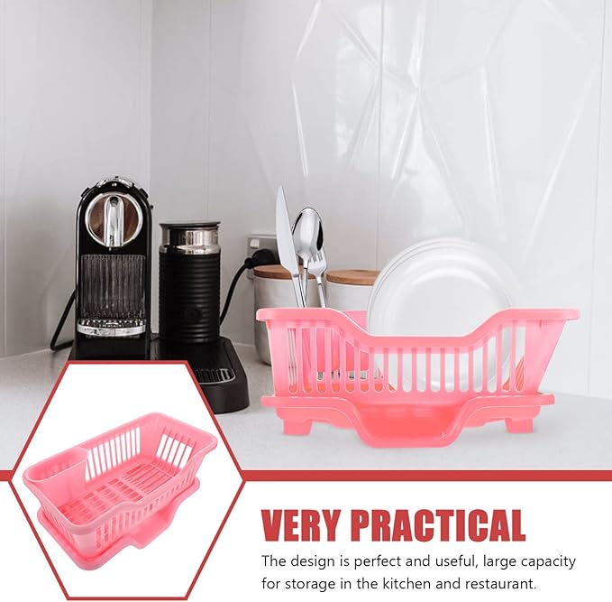IMIKEYA Sink Dish Rack Drainer Plastic Dish Drying Draining Rack Over The Sink Kitchen Tableware Drying Basket with Cutlery Holder for Kitchen Counter Pink