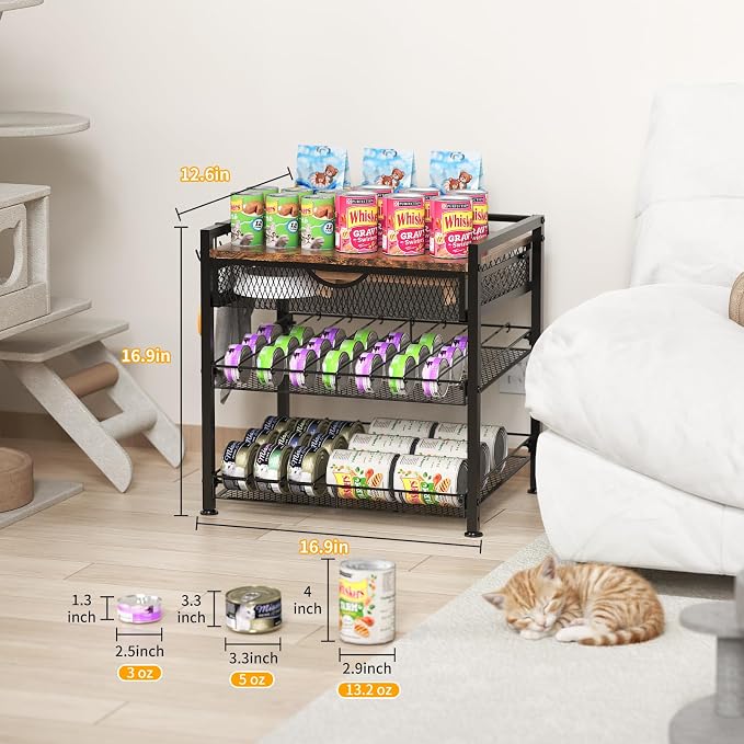 Cat Food Organizer，2 Floors Bring Drawer Storage Rack, Manually Adjust The Gap Size，Store Suitable Can Sizes Container，Automatic Slip Design，Suitable For Pet Food Canned Food Dispenser