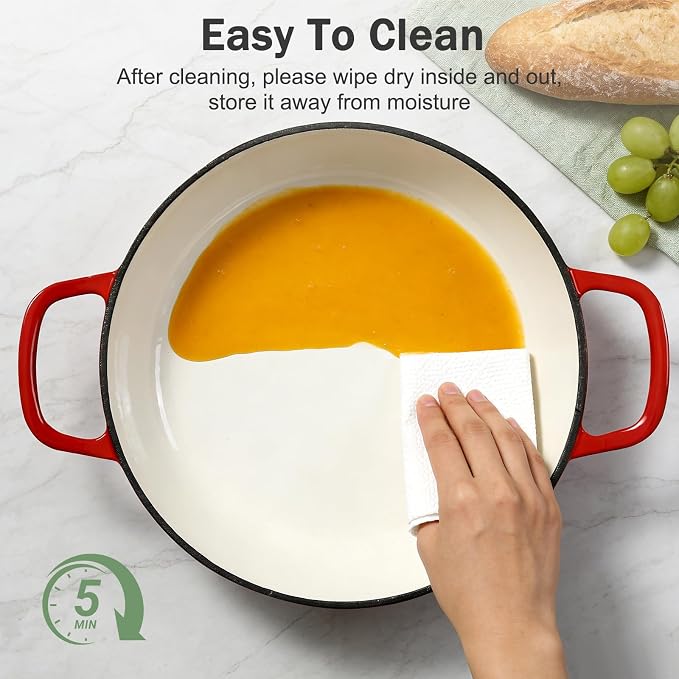 Enameled Cast Iron Dutch Oven, 3.8 Quart Dutch Oven Pot with Lid, Shallow Cast Iron Braiser with Handles, Oven Safe up to 500°F (Red)