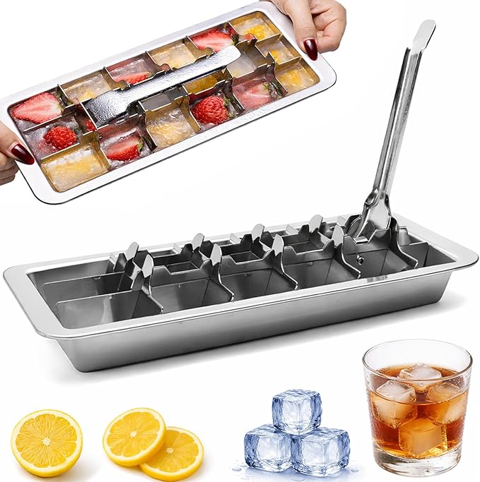 Stainless Steel Ice Cube Trays, Metal Ice Cube Trays for Freezer Vintage Inspired Design with Release Lever Remove Handle for Making Large Cubes Kitchen & Bar (1pcs)