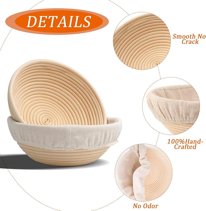 5 Pack Round Banneton Proofing Basket Set 9 Inch, Natural Rattan Sourdough Bread Bowls with Linen Liners, Dough Baking Supplies for Professional & Home Bakers(9" Round, Set of 5)