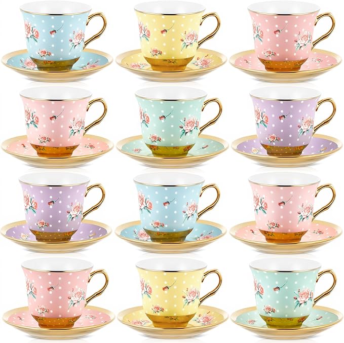 Teenyyou Set of 12 Tea Cups and Saucers Tea Party Decorations Floral Porcelain 5.4 oz British Gift for Women Birthday Party, Church, and Mother's Day (Vintage Style)