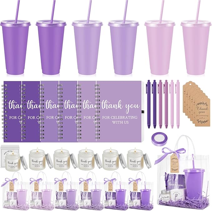 Nuogo 6 Sets New Parent Shower Prizes for Player Winners Adult, Wedding Bridal Shower Gift, Plastic Tumbler Notebook Scented Candle Ballpoint Pen Bag (Gradient Purple,Classic Style)