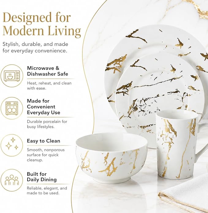 White and Gold Dinnerware Set for 4, 16-Piece Porcelain Plates and Bowls Set with Gold Trim, Modern Ceramic Dish Set for Home Dining and Gifts