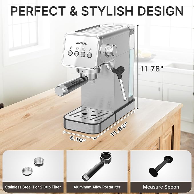 AYCHIRO 20-Bar Espresso Machine with Milk Frother, Professional Espresso Coffee Machine for Home, Stainless Steel Cappuccino Maker, Removable Water Tank & Drip Tray, Silver