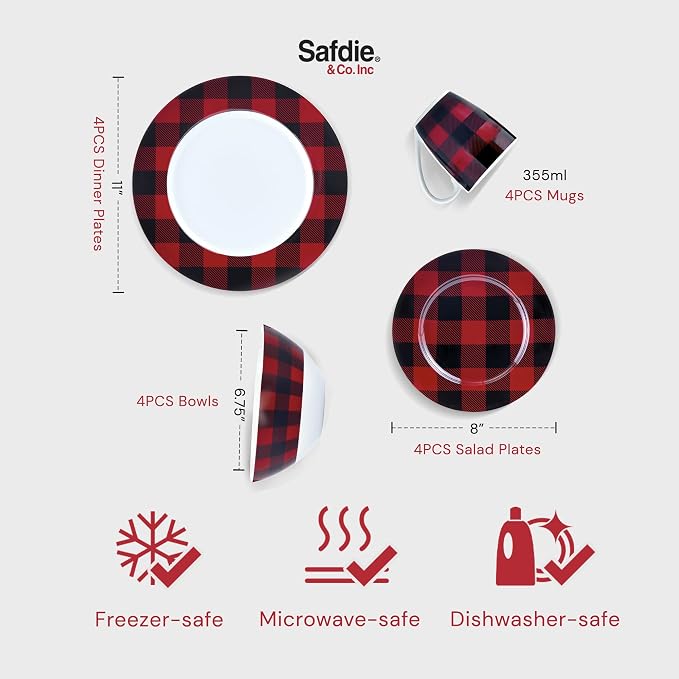 Safdie & Co. 16-Piece Red, Black Plaid Dinnerware Set, Porcelain, Includes Bowls, Plates, and Mugs, Dishwasher Safe