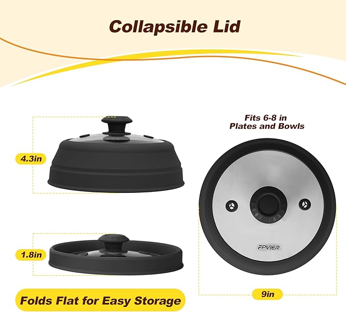 Microwave Splatter cover, Glass Microwave Cover for Food, Guard Lid with Collapsible Silicone for 6-8 inch Plates & Bowls, Dishwasher Safe, Heat Resistant, BPA-Free, 9 inch Black