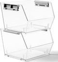 HOMESTEAD Set of 2 Small Stackable Storage Bins, Clear Plastic Organizer Bins, Open Front Design for Kitchen Pantry, Fridge, Cabinet, Bathroom and Snack Organization