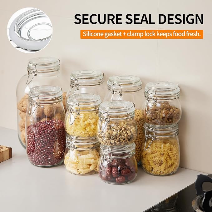 2 Pack 1 gallon Food Storage Jars with Airtight Lids, Preserving Seal Wire Clip Fastening Glass Containers, Canisters for Kitchen, Flour, Cereal, Pasta, Sugar, Beans, Pickling Jars(1 Gallon*2)