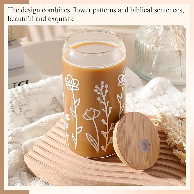 Mumufy 1 Pack Glass Cups Gift Aesthetic Cute Glass Cup Tumbler Flower Iced Coffee Mugs 16 oz with Bamboo Lid & Straw, for Wedding Birthday Bridesmaid Mom Baby Shower