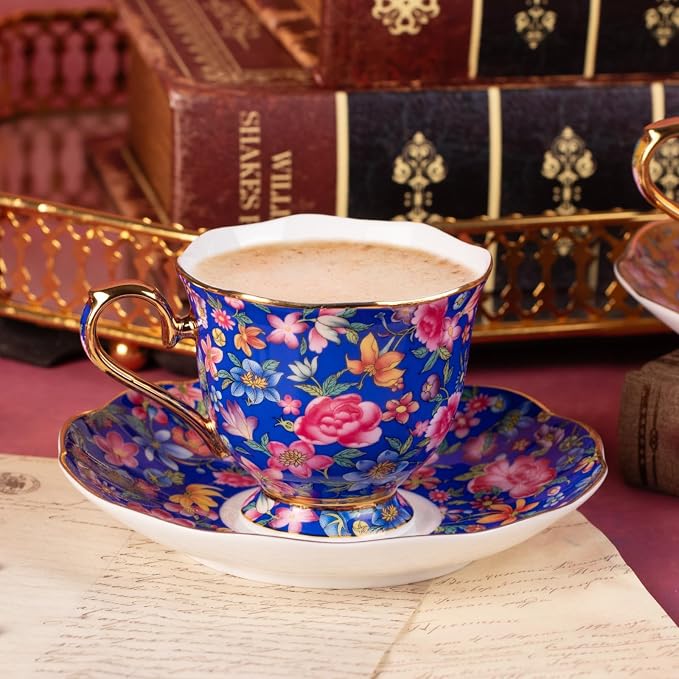 KAMMAK Tea Cups and Saucers Set of 2, Porcelain Coffee Cups, 6.3oz Stackable Espresso Mugs, Ceramic Demitasse for Coffee, Latte, Americano, Tea (643N+644N)