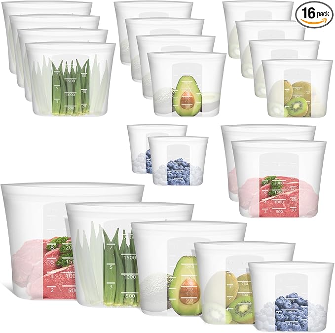 100% Silicone Reusable Storage Bag, 16 Pack Stand-Up Wide-Mouth Zip-Lock Food Storage Bags, Easy-Fill Easy-Open Easy-Clean Space-Saving, Microwave & Dishwasher Safe, 2 XL/4 L/4 M/4 S/2 XS, Translucent