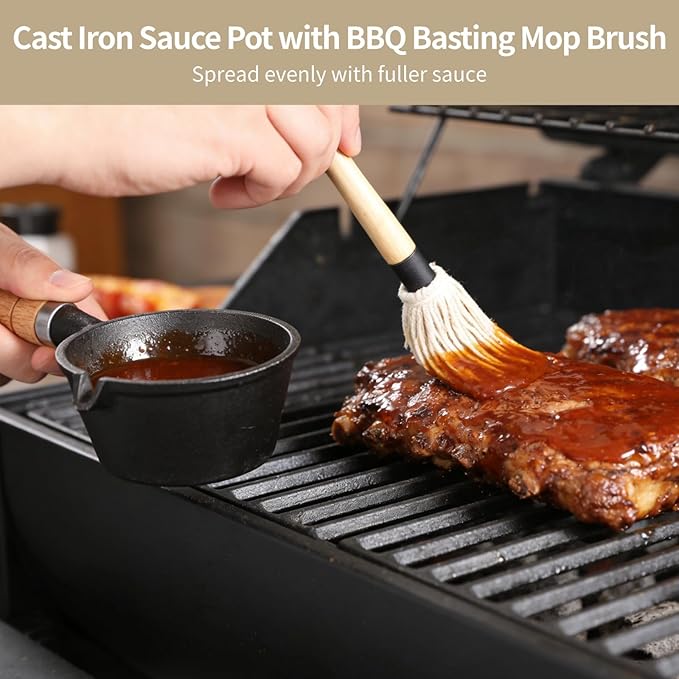 BBQ Mop Brush and Cast Iron Sauce Pot Set, Basting Melting Pot, Wooden Handle Sauce Mops with 3 Pcs Replacements, Barbecue Tongs and Pot Cleaning Brushes for Meat Smoker, Grill, Stove