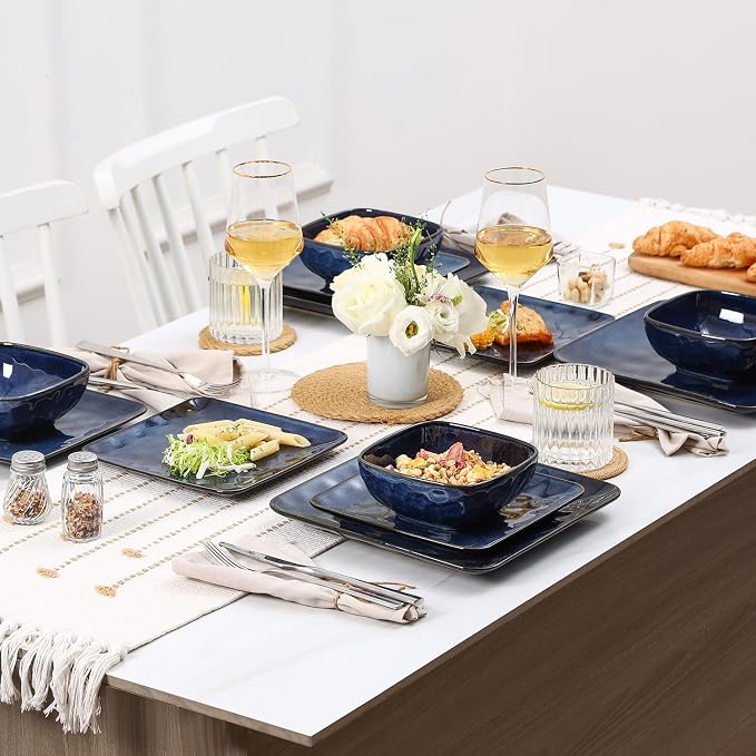 vicrays Ceramic Square 12 Pieces Dinnerware Set - Dinner Plates Salad Plates Cereal Bowls Set Service for 4 - Scratch Resistant Microwave Oven Dishwasher Safe - Blue