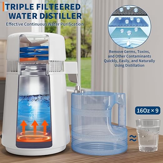 Countertop Water Distiller, 1 Gallon / 4L 750/900W Pure Water Maker with Auto Shut-Off, 304 Stainless Steel & Glass/Plastic, for Home Drinking, Cooking, Appliances – Removes Impurities & Solids