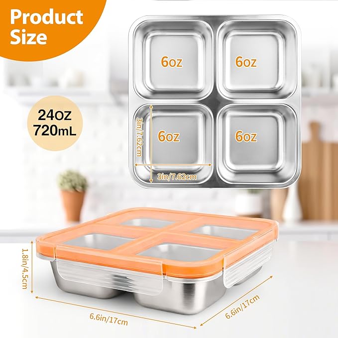 4 Pack Stainless Steel Snack Containers with Lids, 4-Compartment Leakproof Bento Snack Boxes, Reusable Dishwasher Safe Food Storage Containers for Adults, Office, Travel & Meal Prep (4pack-a)