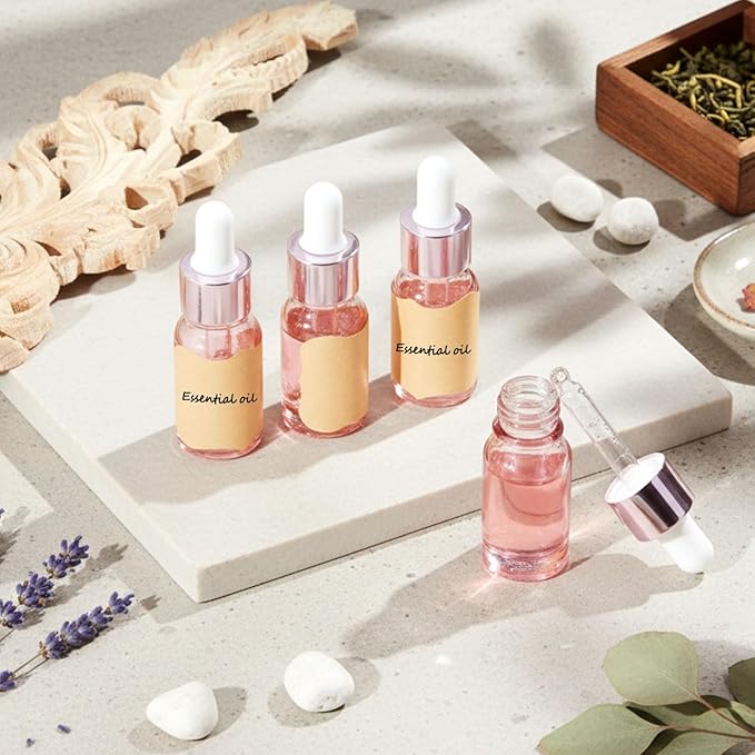 Lallisa 48 Pack Essential Oil Dropper Bottle 10 ml (1/3 Oz) Glass Dropper Bottles DIY for DIY Essential Oil Perfume with Funnels Pipettes Labels for Bathrooms, Hotels, Labs (Pink)