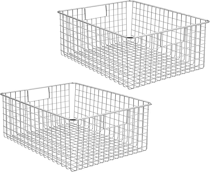 mDesign Metal Wire Food Storage Basket Organizer with Handles for Organizing Kitchen Cabinets, Pantry Shelf, Bathroom, Laundry Room, Closets, Garage - Concerto Collection - 2 Pack - Chrome