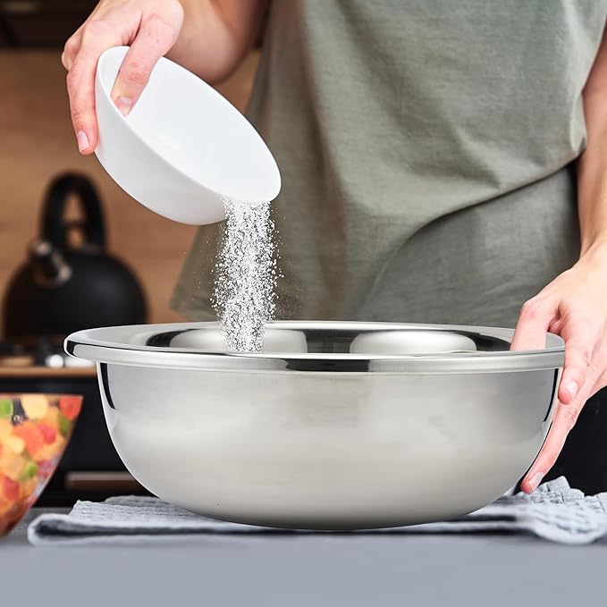 FillTouch 2 Pack Large Mixing Bowl 20 Qt Oversized All Purpose 304 Stainless Steel Polished Mirror Flat Base Metal Bowl for Home or Commercial Prepping Baking Mixing Marinating