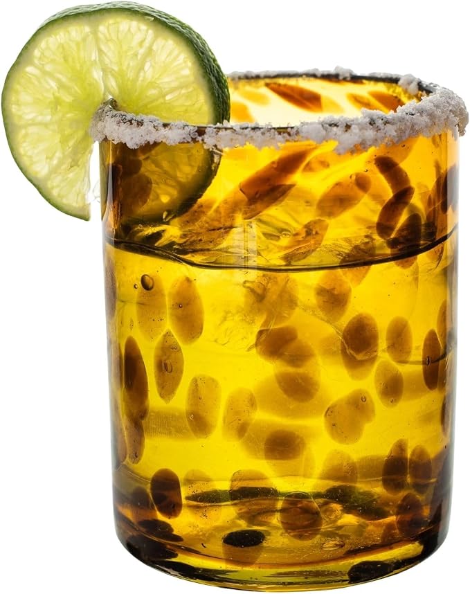 Tortoise Shell Hand Blown Tumbler Glasses Set of 6 | Amber Drinking Glasses | Mexican Glassware | 10 oz tumbler | Hand blown Mexican Drinking Glasses for Cocktails, Wine & Tequila