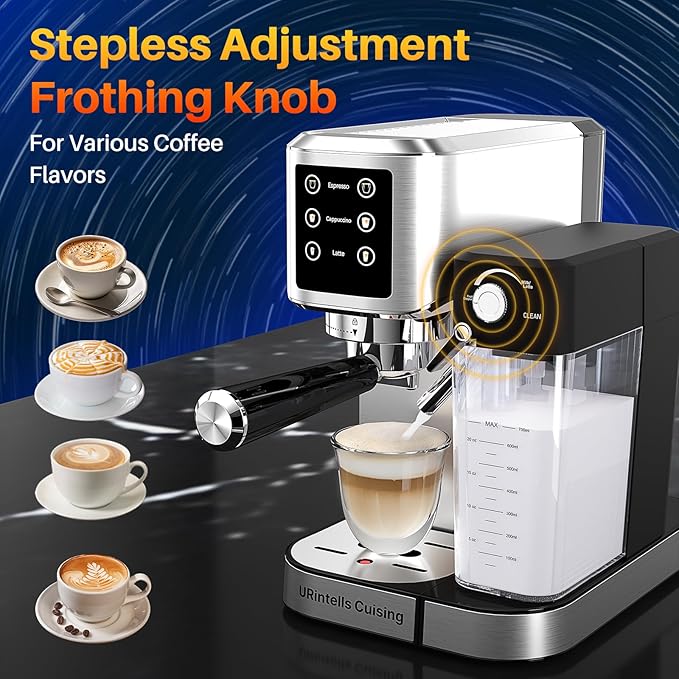 Espresso Machine 20 Bar Touchscreen Espresso Maker with Automatic Milk Frother for Cappuccino Latte,Stainless Steel Coffee Machine with Independent Frothing and Dual Heating System,Easy to Clean