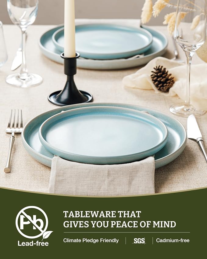 Famiware Milkyway Plates and Bowls Sets, 12 Pieces Dinnerware Sets, Reactive Glaze Dish Set, Stoneware Dishes Set for 4, Light Blue