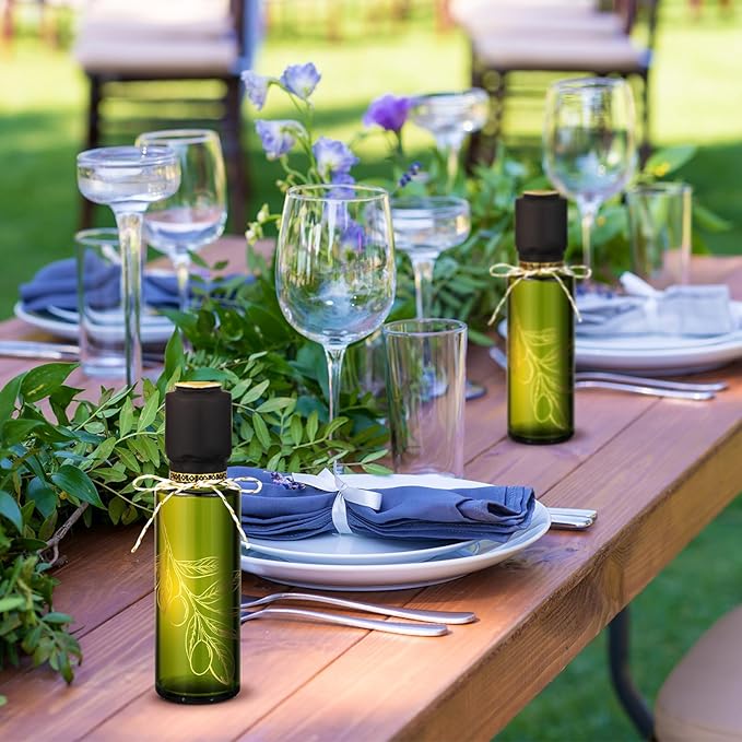 Reallnaive 4 oz Mini Glass Olive Oil Bottles Empty Sauce Condiment Bottles with Dropper Inserts and Sticker Seals Caps for Gifts Kitchen(Olive Leaf,Dark Green,20 Pcs)