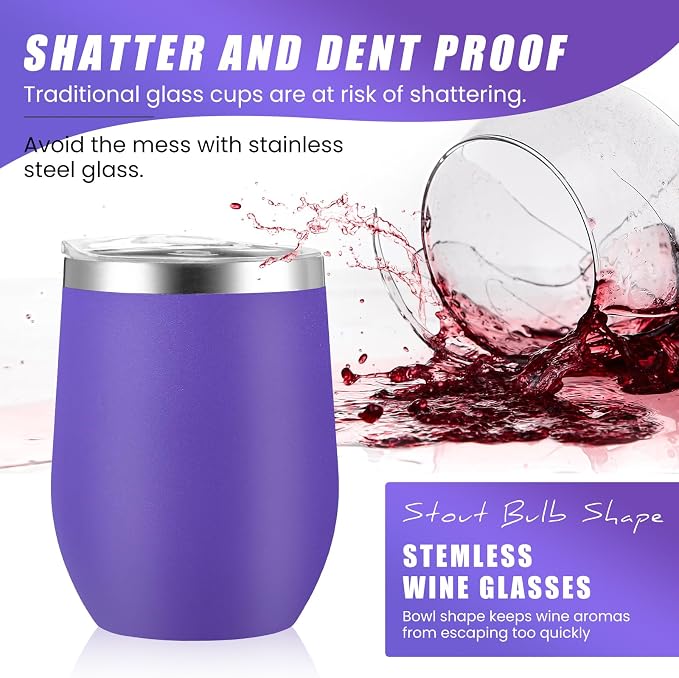 Remagr 16 Pack Stainless Steel Wine Tumblers 12 oz Insulated Vacuum Wine Cup Set Double Wall Stainless Steel Stemless Mug Glasses for Coffee Soda Whiskey Outdoor Travel (Purple)