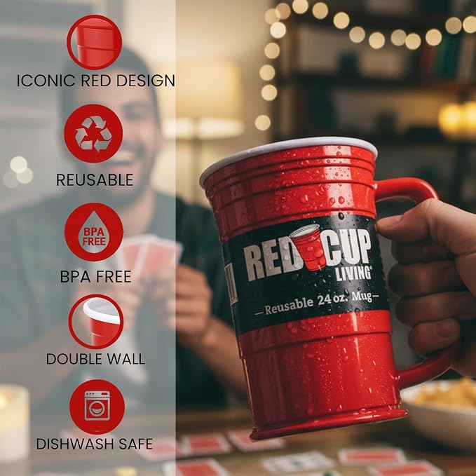 Red Beer Party Mug Glass Tumbler 6 Pack |Unbreakable Cups Beer Stein Reusable Drinking Supplies Birthday, Anniversary, Big Grip Tumbler Travel Outdoors | Dishwasher Safe Party Essentials