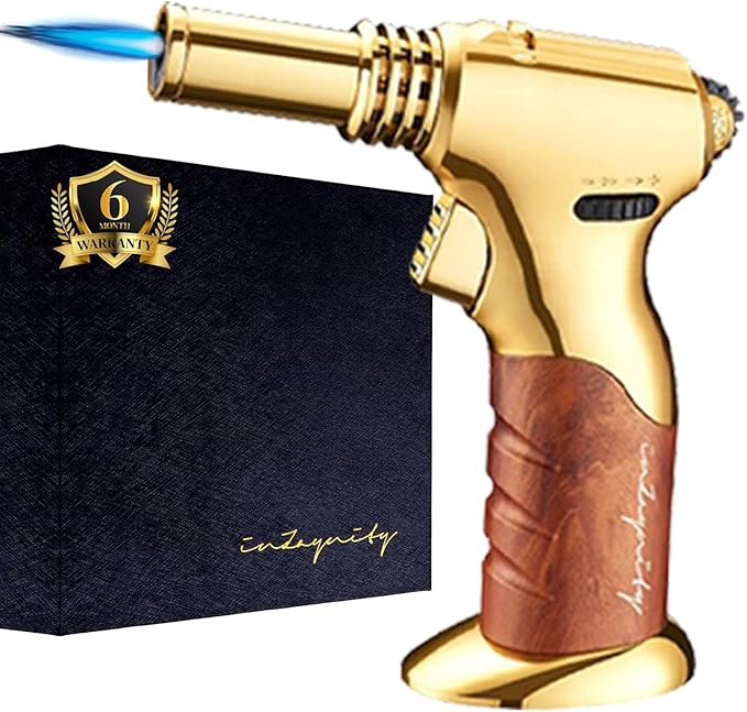 Dual Flame Butane Torch Gun – Refillable Handheld Mini Blow Torch for Cooking, Crème Brûlée, Welding, Soldering, Resin Art – Adjustable Flame & Ignition Lock–Limited Gold Brown by inZaynity®