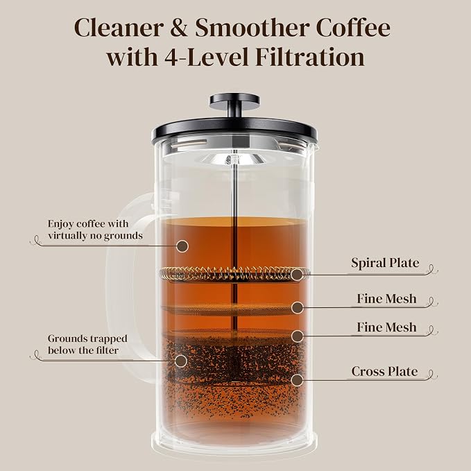 Veken French Press Coffee Maker 34oz, No Plastic Touching Cafe,Thickened Glass Stainless Steel Brewer, Cold Brew Cafetera Tea pot for Kitchen Travel Camping, Gifts, Decor, Bar Accessories, Dark Pewter