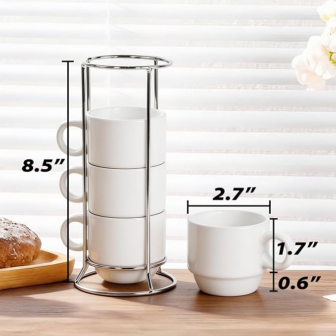 6oz Sublimation Coffee Mugs Set of 4, Blank Stackable Coffee Mugs with Rack Porcelain Stackable Cappuccino Cups with Metal Stand for Coffee, Tea, Cocoa, Milk (4 Set of 16 Pcs Mugs)