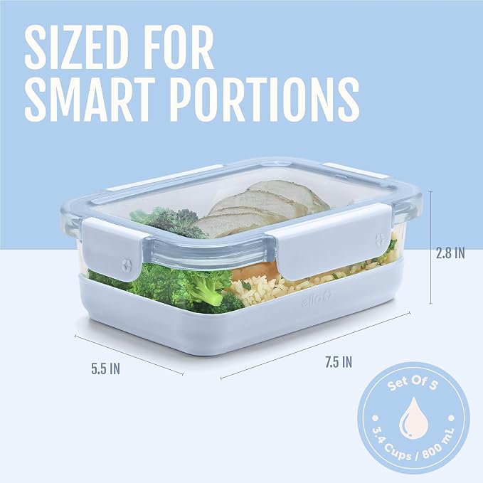 Ello Duraglass 3.4 Cup Meal Prep Sets 10Pc, 5 Pack Set- Glass Food Storage Container with Silicone Boot and Airtight BPA-Free Plastic Lids, Dishwasher, Microwave, and Freezer Safe, Halogen Blue