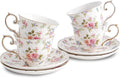Agyiuns tea cups and saucers ceramic coffee mug 6oz for Coffee, Latte, Cafe Mocha and Tea-Set of 4, white with flowers