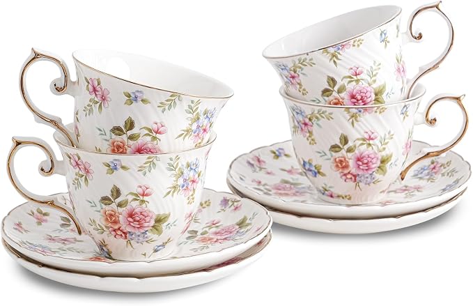 Agyiuns tea cups and saucers ceramic coffee mug 6oz for Coffee, Latte, Cafe Mocha and Tea-Set of 4, white with flowers