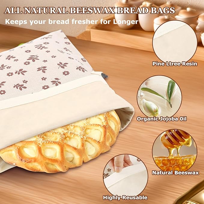 Beeswax Bread Bags, Reusable Organic Beeswax Bread Bag for Sourdough