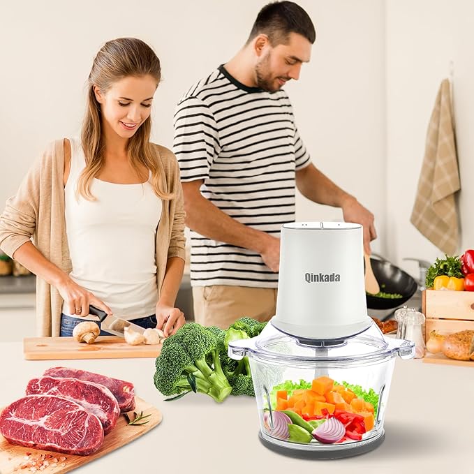 Qinkada Food Processors with 2 Bowls, 400W Meat Grinder, Food Chopper Electric, 2 Speed, 8Cup Glass and 8Cup 304 Stainless Steel, 2 Blades, Spatula (White)