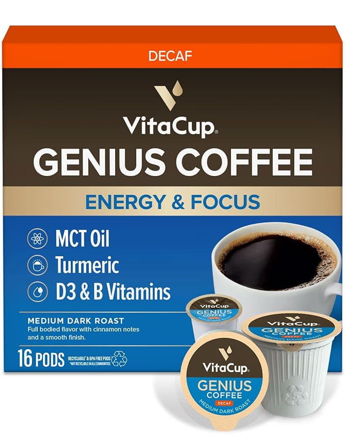 VitaCup Decaf Genius Keto Coffee Pods with MCT Oil, Turmeric and B Vitamins for Focus in Single Serve Pod Compatible with K-Cup Brewers Including Keurig 2.0, 16 Ct