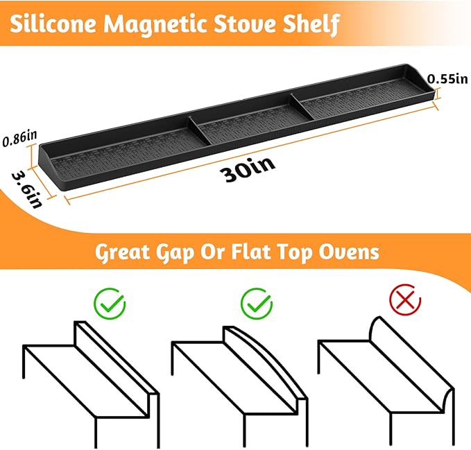 Foeacry Magnetic Stove Top Shelf 30 Inch - Heat Resistant Silicone Over the Stove Shelf Spice Rack Organizer - 3 Functional Partitions Kitchen Organization and Storage for Spices, Oils & Gadgets