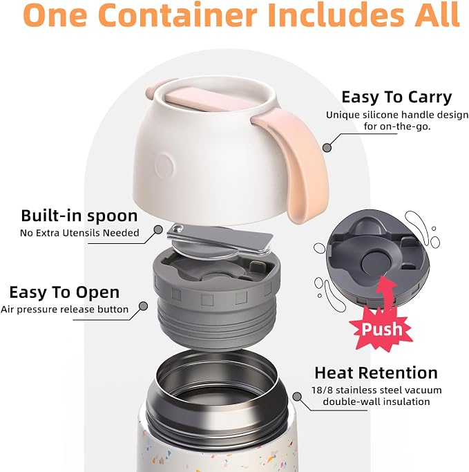 2 Pack Insulated Food Jar Set, 26oz & 18oz Stainless Steel Vacuum Insulated Soup Containers for Hot Food, Leak-Proof Thermal Food Jars with Spoons, Cute Stylish Design for School, Work & Travel (White