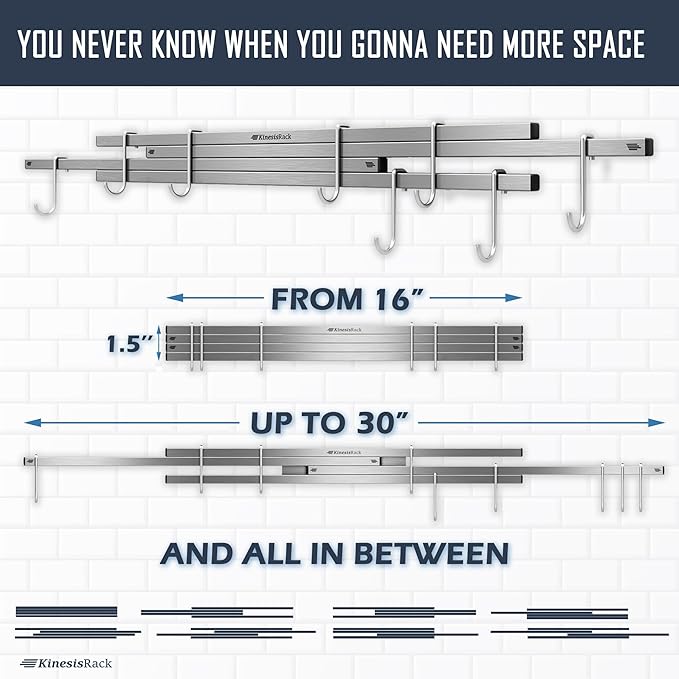 Magnetic Knife Holder for Wall 16 inch Extends up to 30 inches 4 Strip Neodymium Magnetic Rack with 10 Hooks for Kitchen Utensils Organize. No Drill. Tools Holder